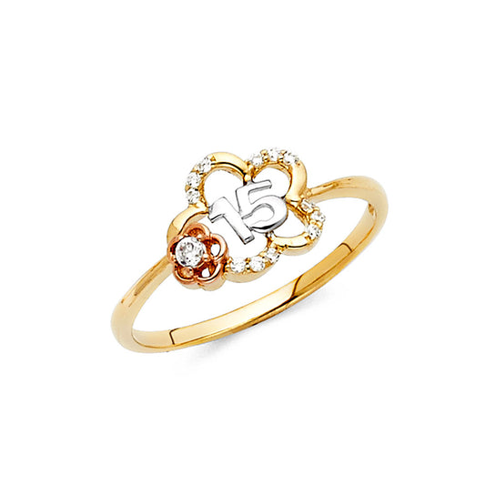 14K gold 15 Años ring, quinceañera ring gold, 15 años flower ring, heart quince ring, rose gold quinceañera jewelry, 14K gold sweet 15 ring, quince gift idea