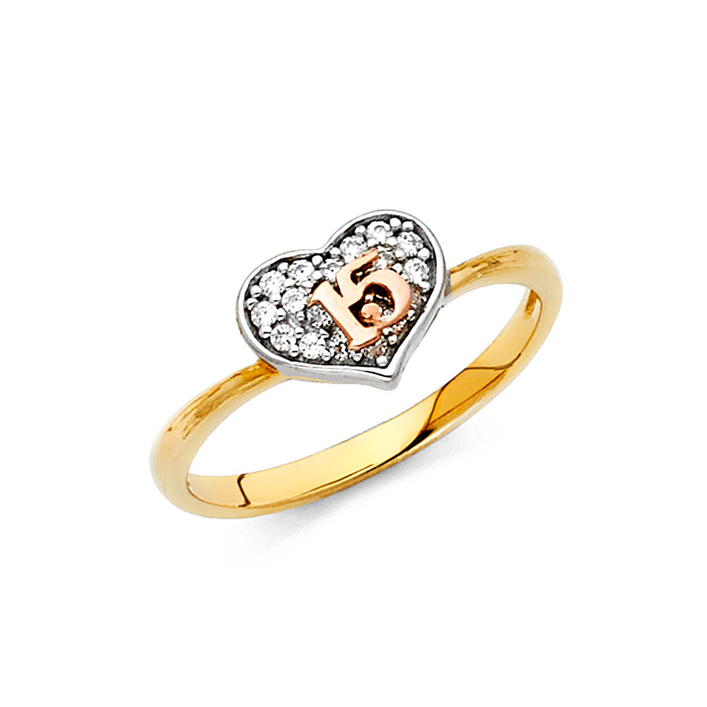 14K gold 15 años ring, quinceañera gold ring, heart CZ quince ring, 15 años jewelry gift, real gold quinceañera ring, sweet 15 ring