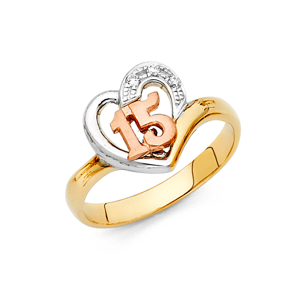 14K gold 15 años heart ring, quinceañera jewelry, 15 años gold ring, real gold quince ring, two-tone heart 15 ring, 14K gold quinceañera gift