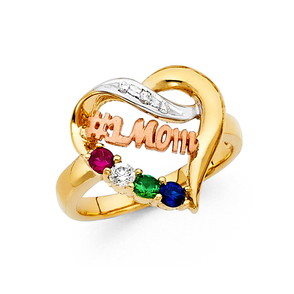 14k tri-color “#1 mom” ring with multicolor stones