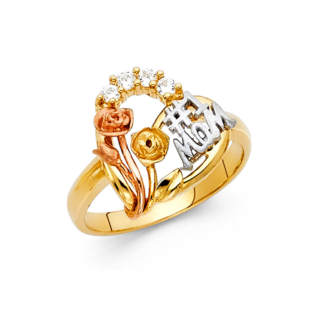 “florecita de mamá” – 14k tri-color #1 mom ring with cz & flowers