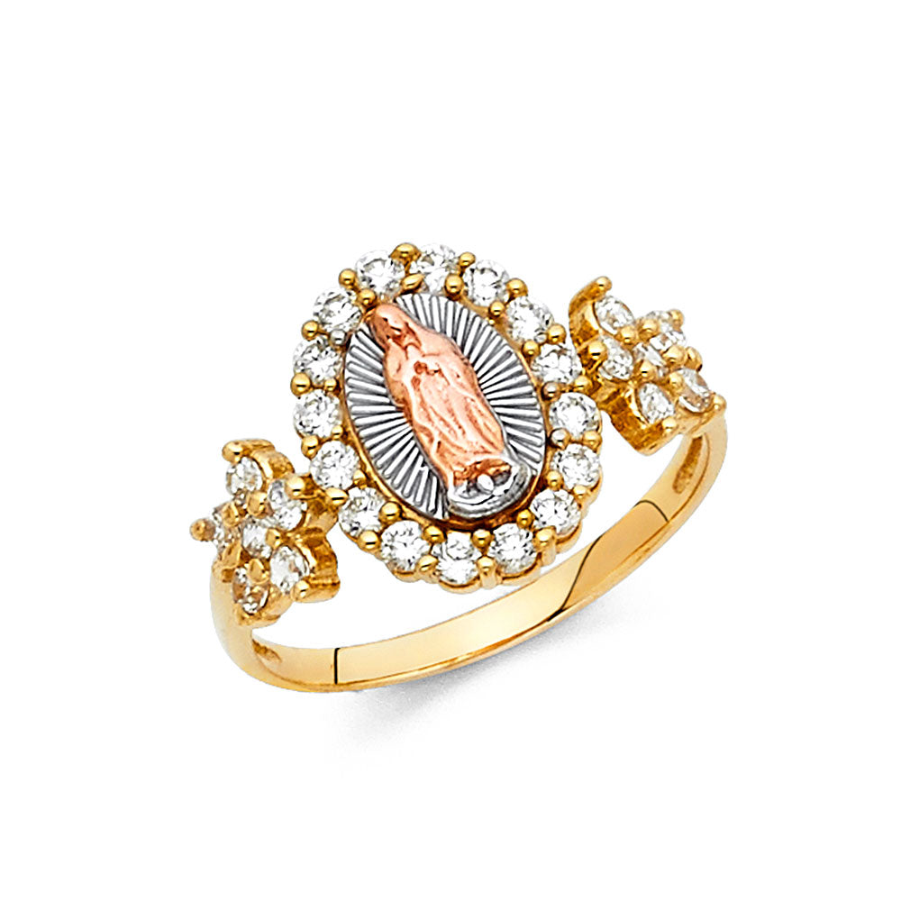 14K Tri-Color Virgencita CZ Halo Ring