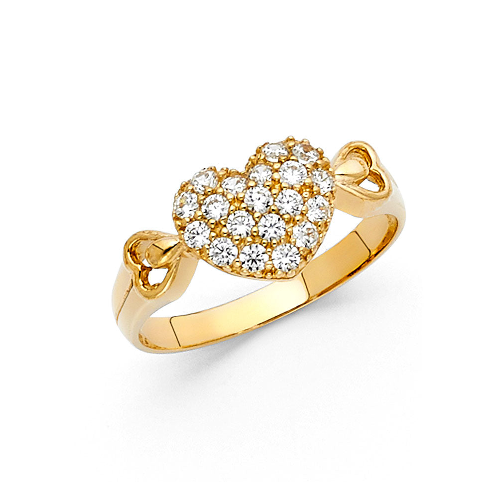 14K yellow gold heart ring with CZ center and heart link band