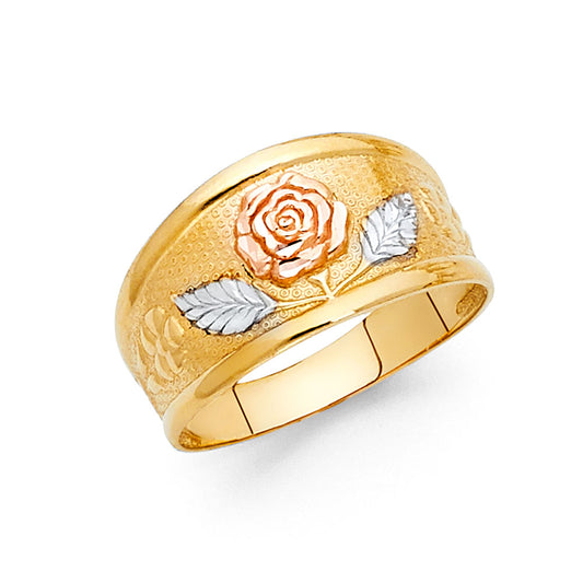 14K tri-color gold rose flower ring with textured yellow gold band, rose gold rose, and white gold leaves