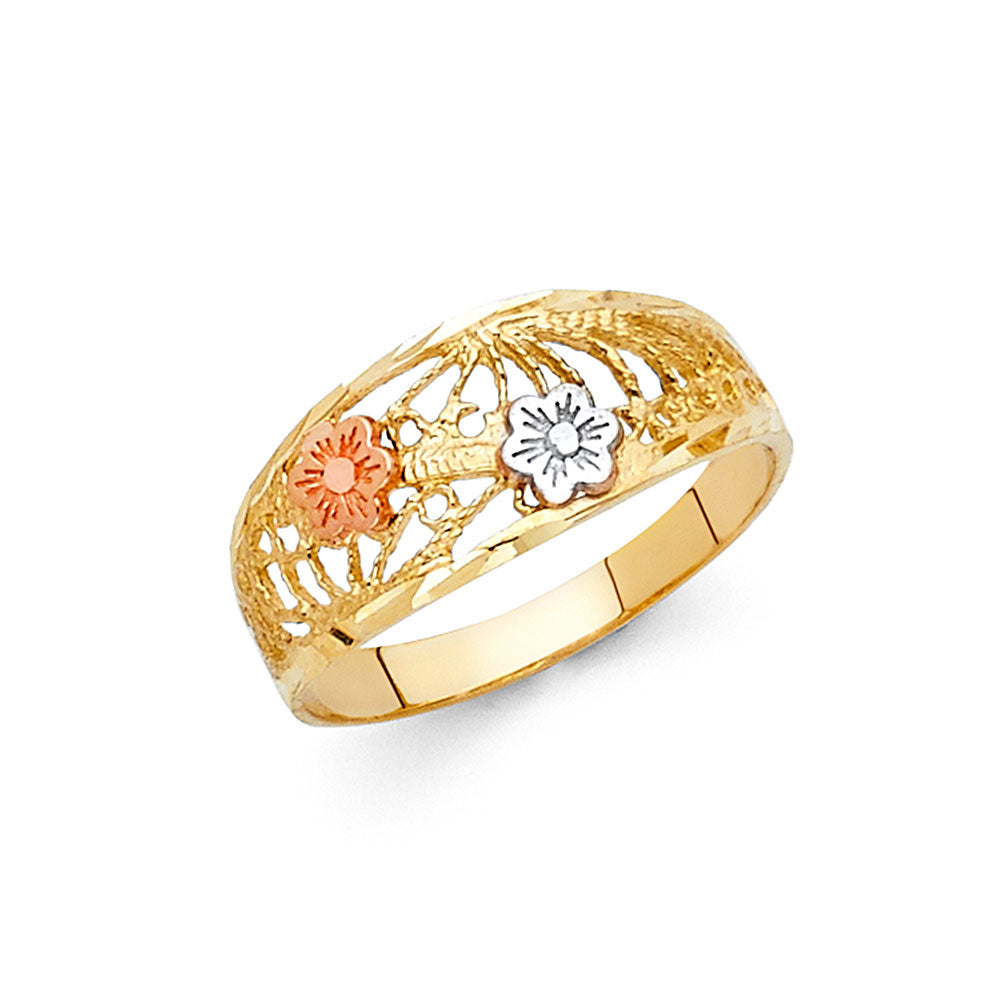 14K tri-color gold flower ring, dainty floral design with rose and white gold accents, openwork band with delicate details, feminine and stackable style, perfect everyday ring or gift for her, lightweight fine jewelry in real 14K gold.
