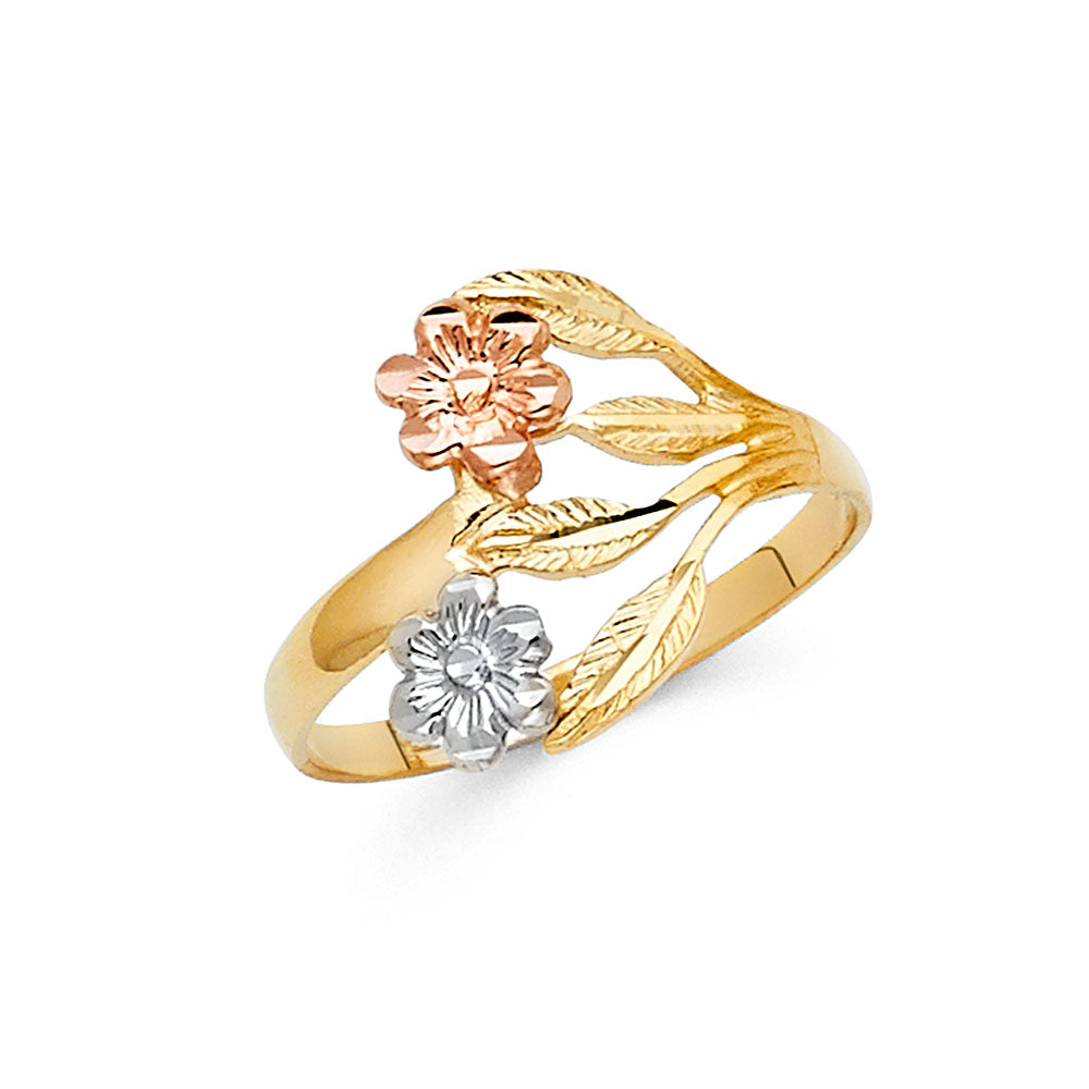 14K tri color gold floral ring with rose gold flower, white gold flower, and detailed yellow gold leaves, delicate two bloom design, dainty stacking ring, perfect for everyday wear or gifting