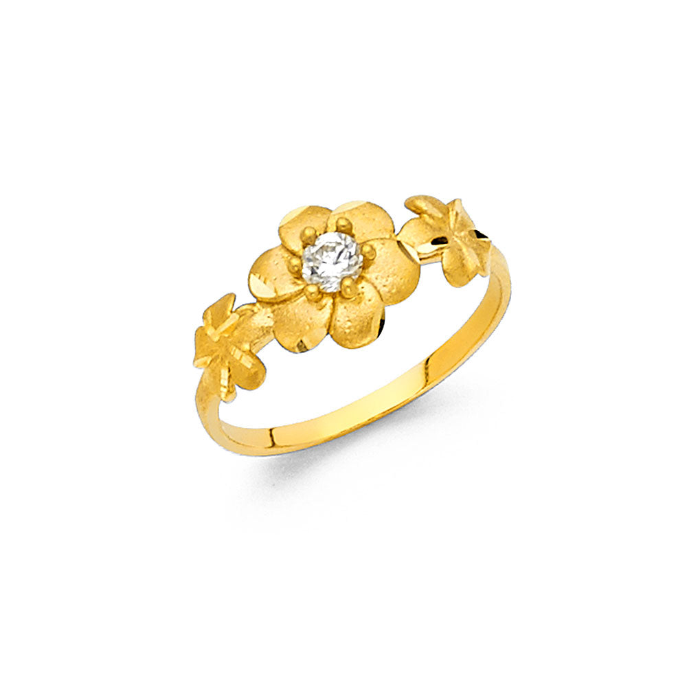 14K gold flower ring, delicate CZ accent ring, dainty gold floral jewelry, stackable gold ring for women, blooming flower gold band, lightweight gold ring with cubic zirconia
