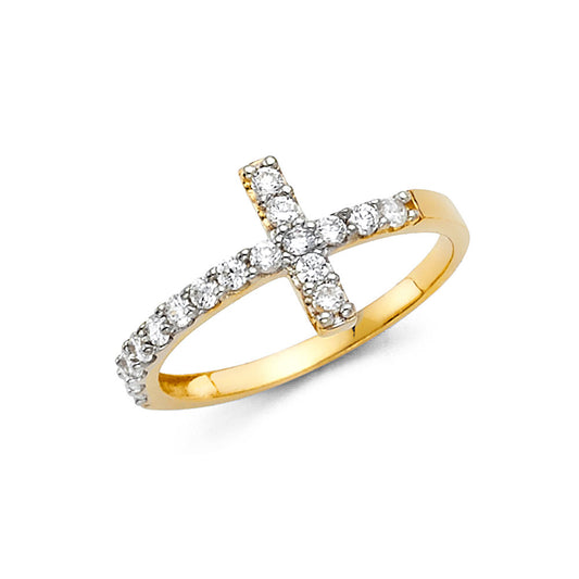 14k gold sideways cross cz ring