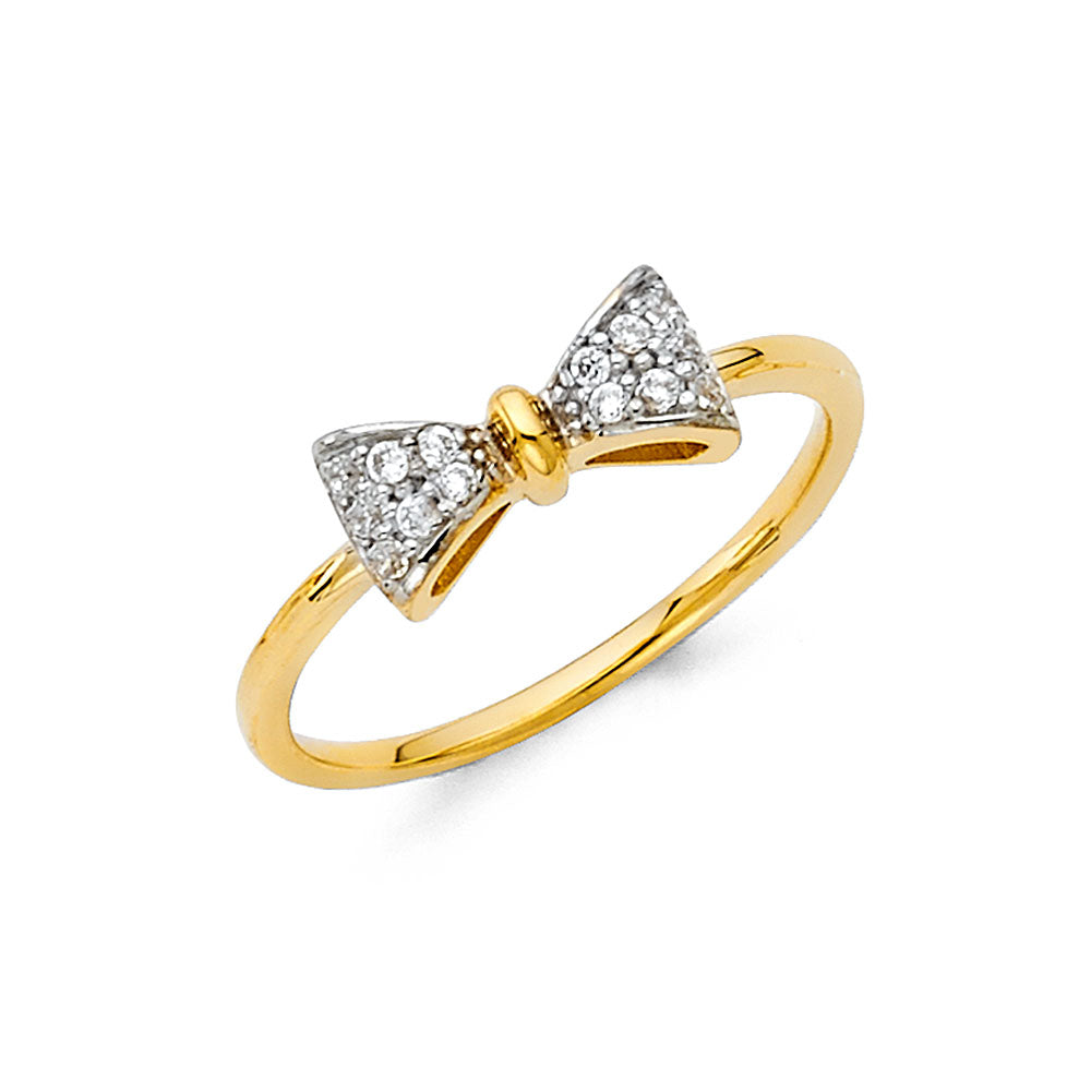 14K gold bow ring with CZ stones, two-tone gold band, elegant bow design, dainty women’s fine jewelry ring