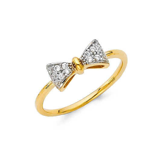 14K gold bow ring with CZ stones, two-tone gold band, elegant bow design, dainty women’s fine jewelry ring