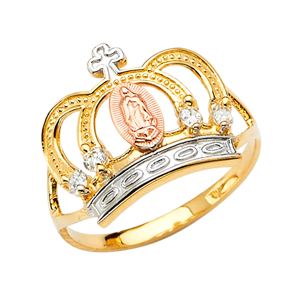 14k gold tri color crown cross virgencita ring