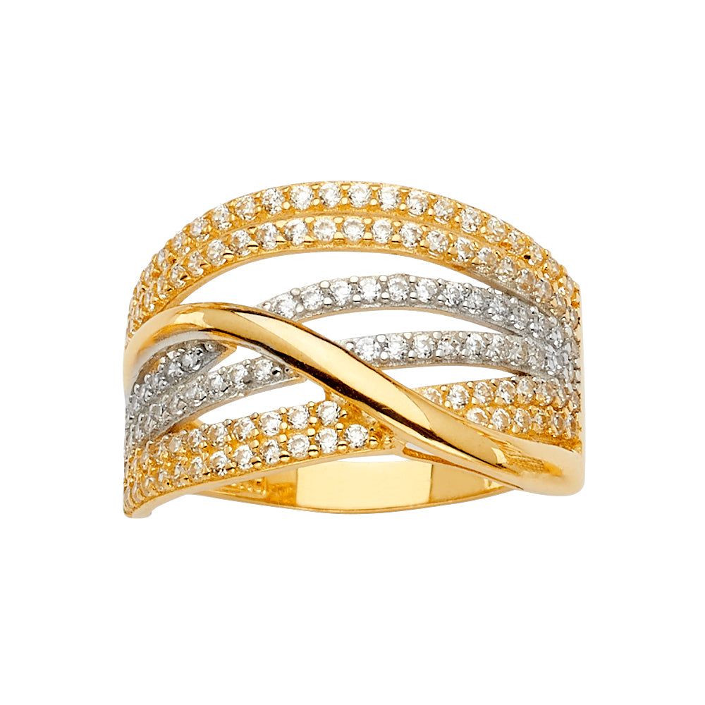 “trenza de luz” – 14k gold crossover cz band ring