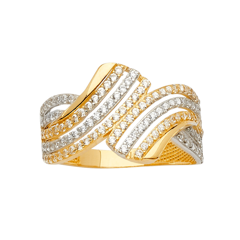 “ola de brillo” – 14k gold multi-band wave ring with cz