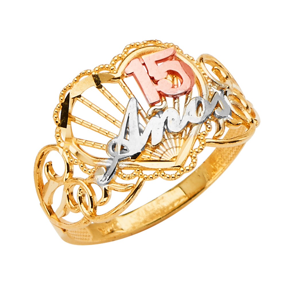 14K gold 15 años ring, quince ring, 15 años heart ring, 14k filigree quinceañera jewelry, quince ring with rose and white gold, 14k gold quinceañera gift, 15 años milestone ring, authentic 14k gold quince jewelry