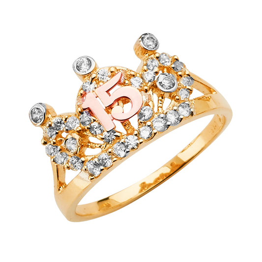 14K gold quinceañera crown ring, 15 años tiara ring, real gold 15 ring with CZ stones, quince jewelry, 15 años crown ring gift