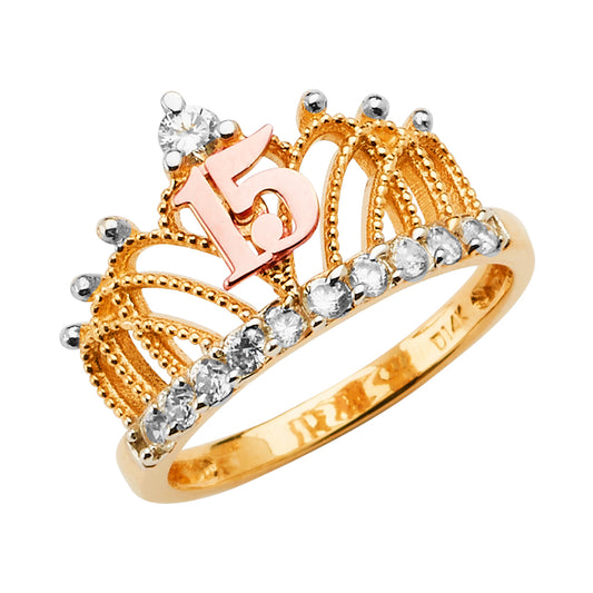 14k gold tri color crown cz 15 ring