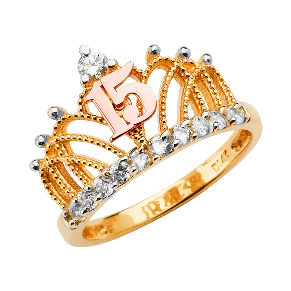 14K gold quinceañera crown ring, 15 años crown ring gold, princess tiara ring for quinceañera, real gold 15 ring with CZ, quince gift jewelry, 14K gold rose gold 15 años ring, gold crown ring for birthday girl