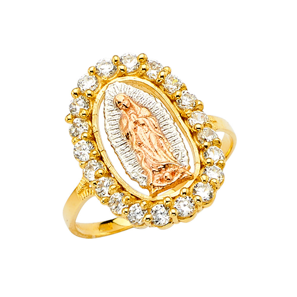 14K Tri-Color Virgencita Guadalupe CZ Halo Ring