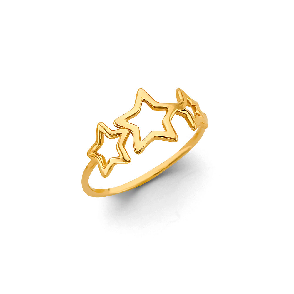 14K yellow gold open star ring with triple star design, dainty celestial stacking ring for women, fine gold jewelry.