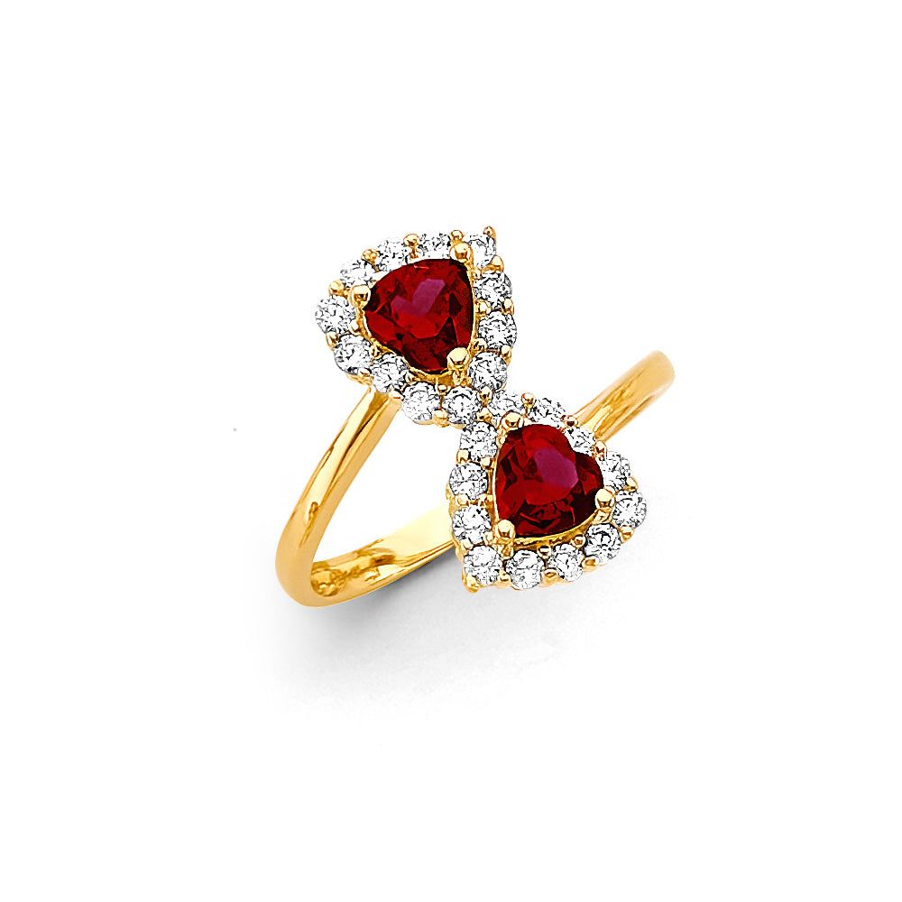 14K gold heart ring, double heart CZ ring, red gemstone heart ring, halo heart ring, romantic gold ring for women, statement love ring