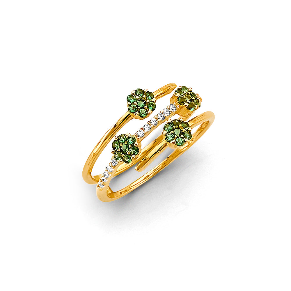 14K gold green CZ ring, Radiant Verde ring, yellow gold cubic zirconia band, elegant green gemstone ring 14K, triple band CZ gold ring, statement 14K gold ring