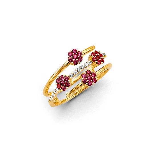 14K gold red CZ ring, Radiant Rojo ring, yellow gold triple band ring, elegant red gemstone ring 14K, cubic zirconia gold statement ring
