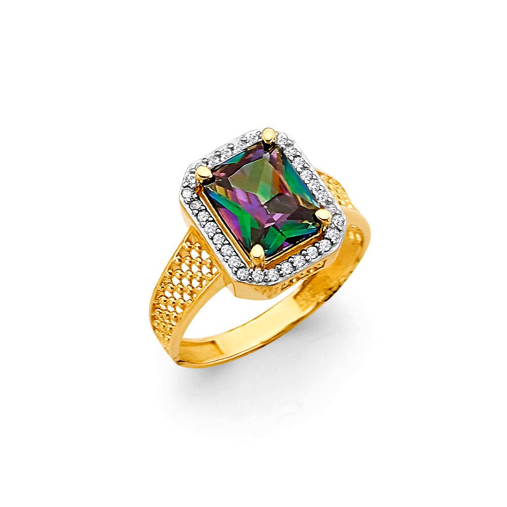 14K yellow gold mystic topaz CZ ring with iridescent multicolor stone, halo of clear CZ, and openwork band design, statement fine jewelry.