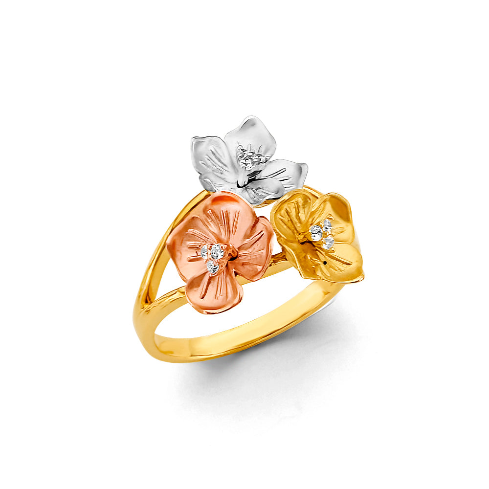 14K tri-color gold flower ring with CZ accents, dainty floral design, rose gold, white gold, and yellow gold details, lightweight yet elegant, perfect stacking ring for everyday wear, anniversary gift, birthday gift, or special occasion jewelry.