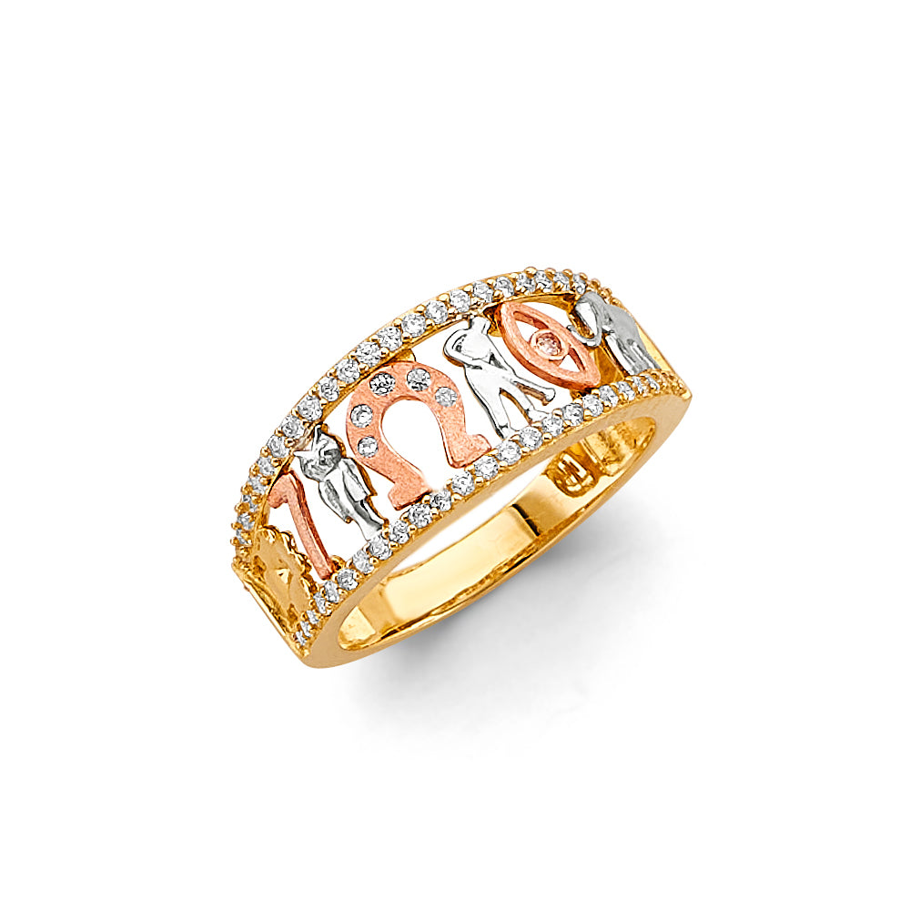 14K Gold Tri Color CZ Lucky Ring