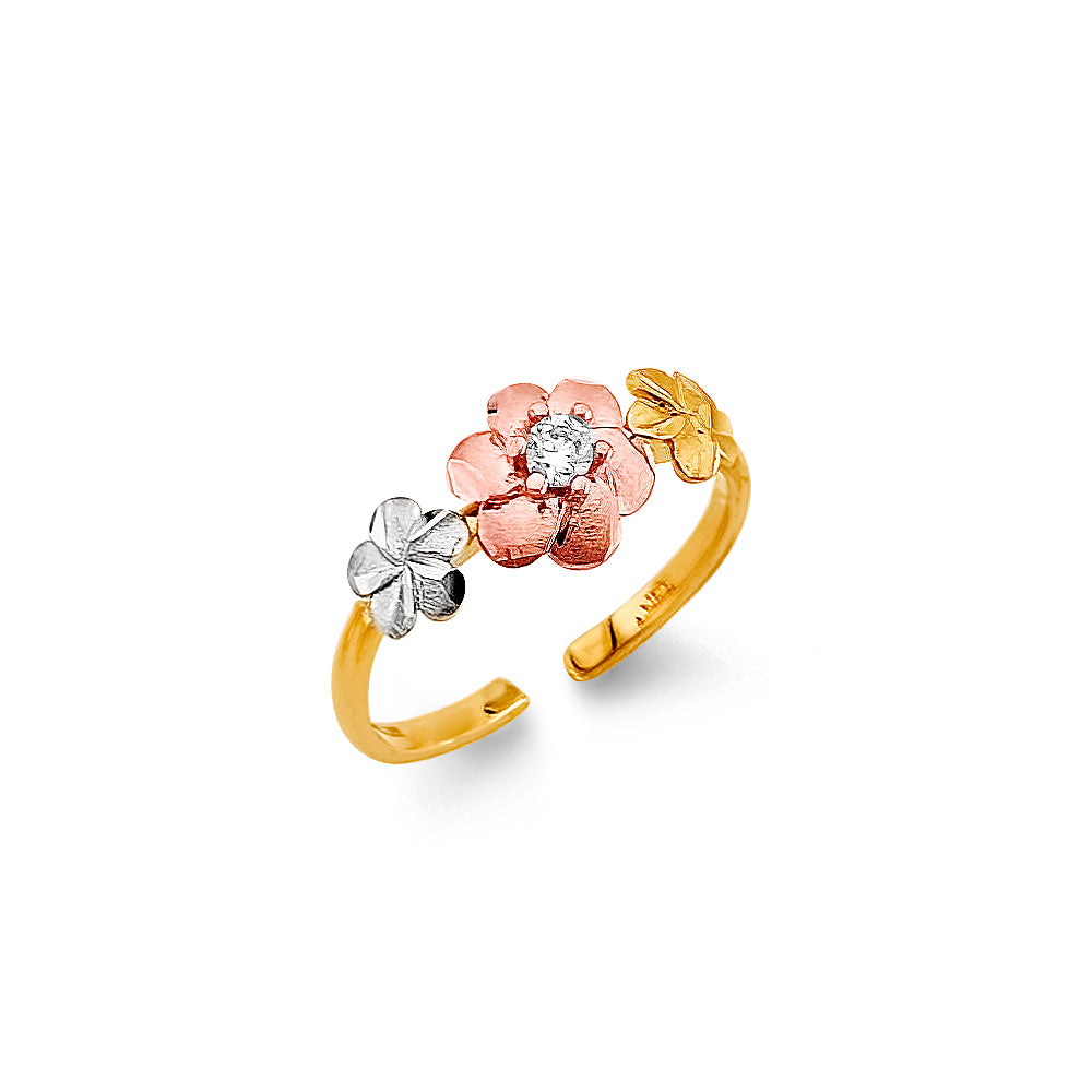 14k solid tri color flower cz toe ring