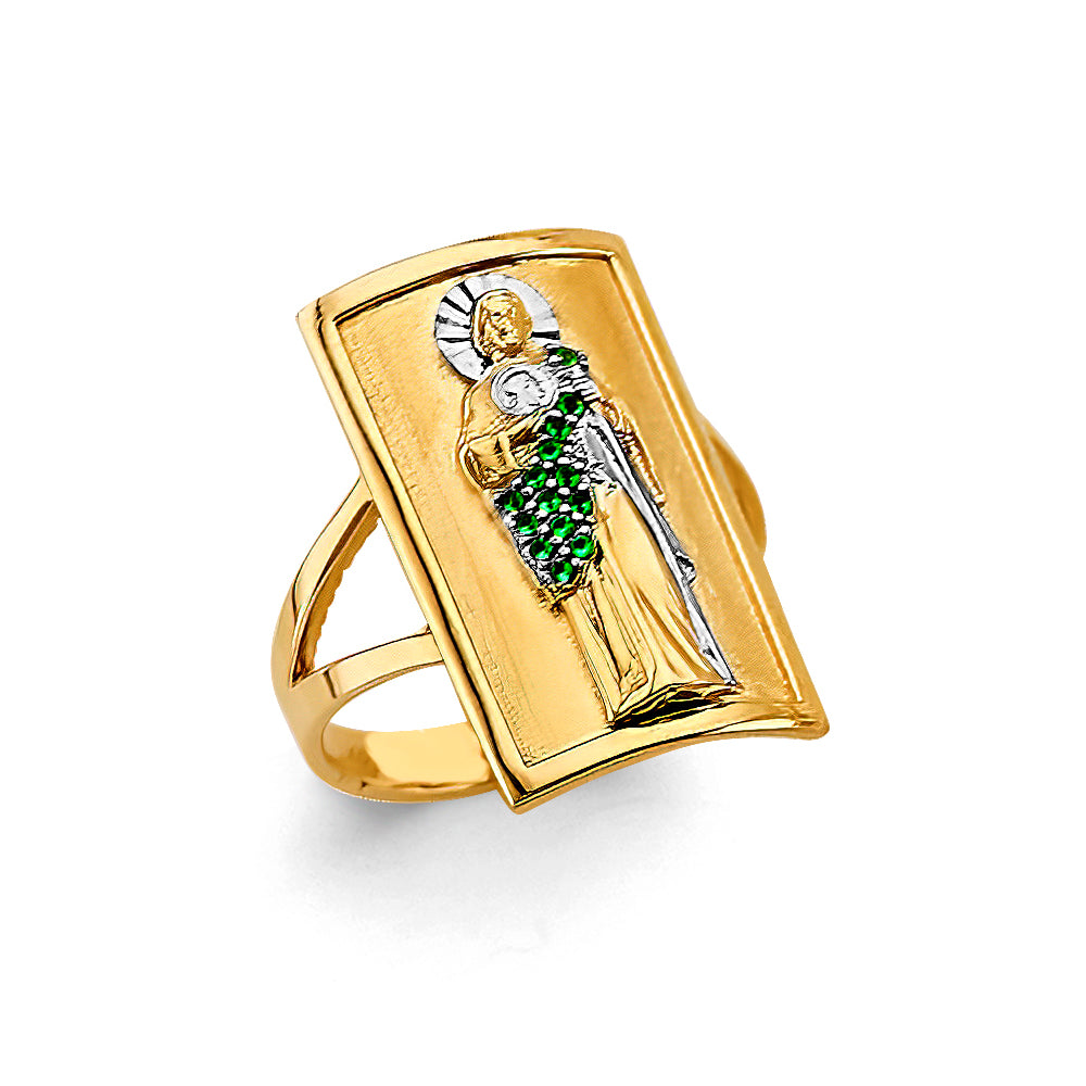 14k gold womens two tone green cz san judas ring