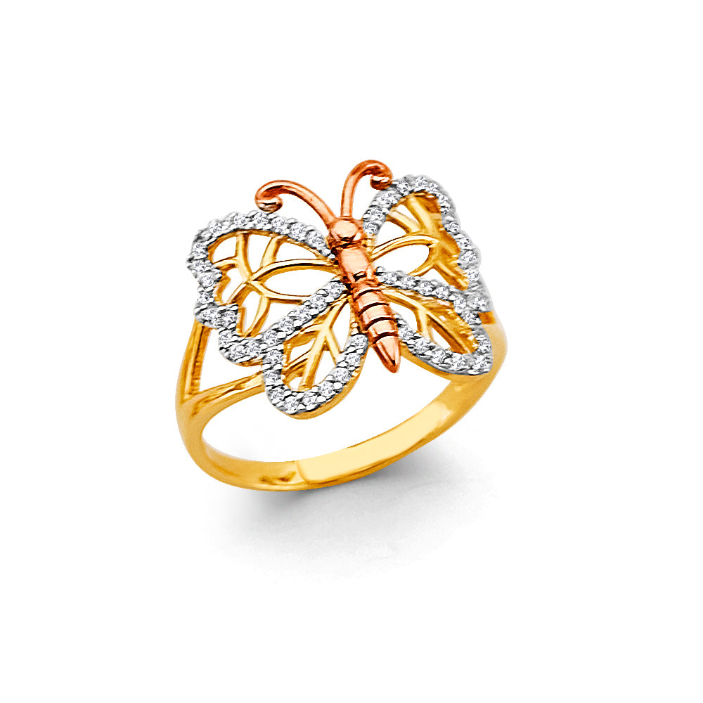14K gold butterfly ring, tri-color butterfly ring, CZ butterfly jewelry, unique butterfly ring, real gold butterfly ring