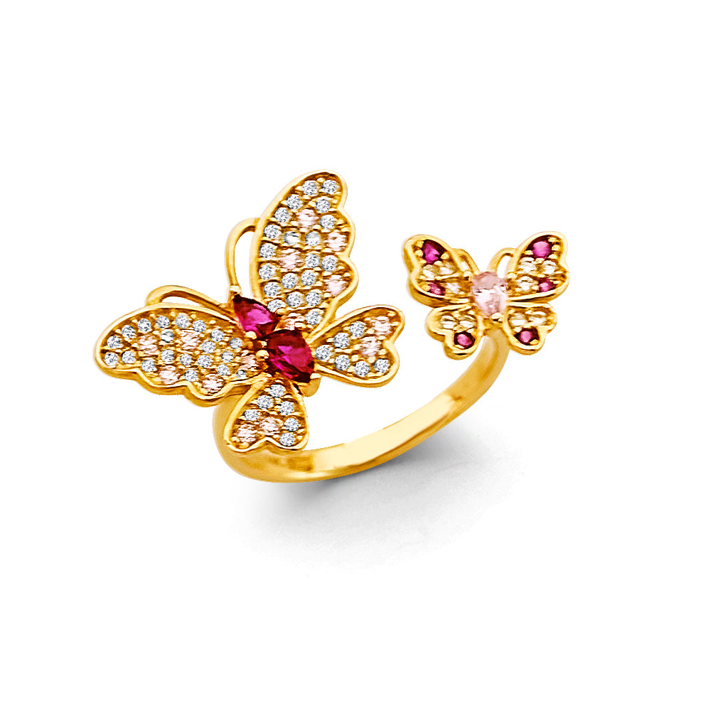 14K gold butterfly ring, open cuff butterfly ring, ruby butterfly ring, statement gold butterfly jewelry, CZ butterfly ring