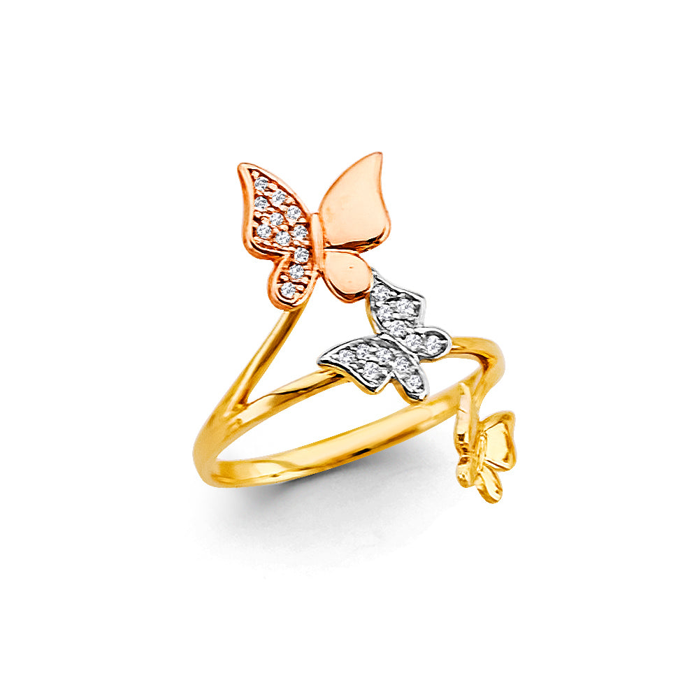 14K gold butterfly ring, tri color butterfly ring, rose gold butterfly ring, white gold butterfly ring, dainty butterfly jewelry
