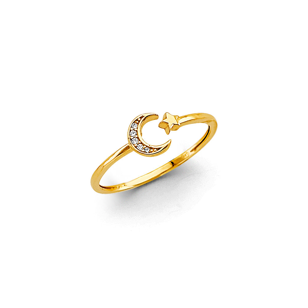 14k gold crescent moon and star open ring