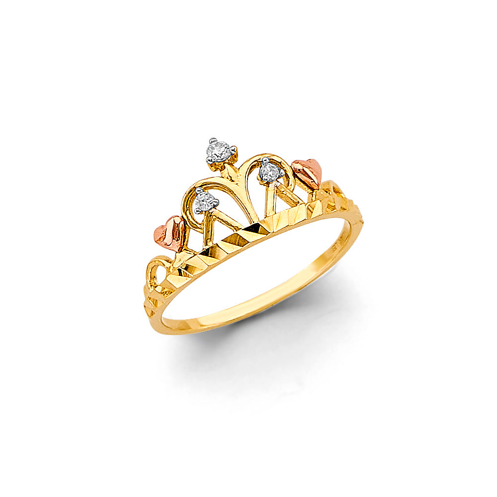 14K yellow gold crown-inspired ring with CZ accents and rose gold hearts, dainty princess style fine jewelry.