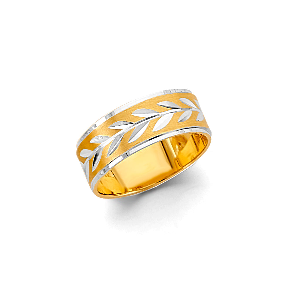 14K Gold Women's Wedding Band – 7mm Diamond-Cut Leaf Design