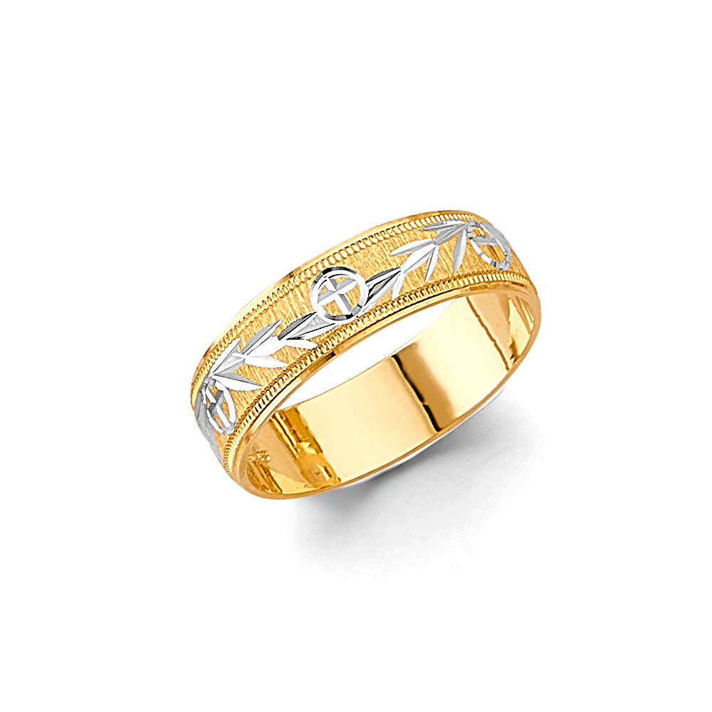 14K Gold Men's Wedding Band – 6mm Diamond-Cut Floral & Leaf Design