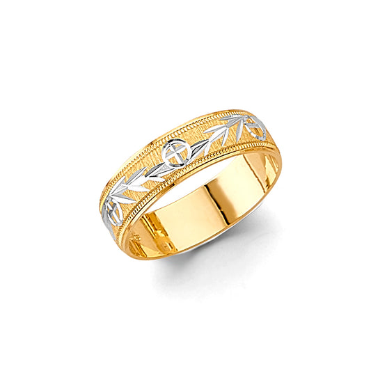 14K Gold Men's Wedding Band – 6mm Diamond-Cut Floral & Leaf Design