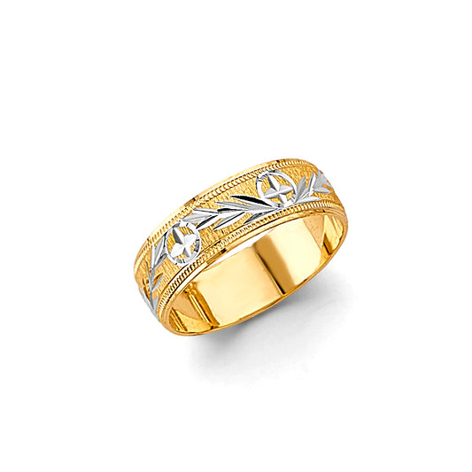 14K Gold Women's Wedding Band – 6mm Diamond-Cut Floral & Leaf Design