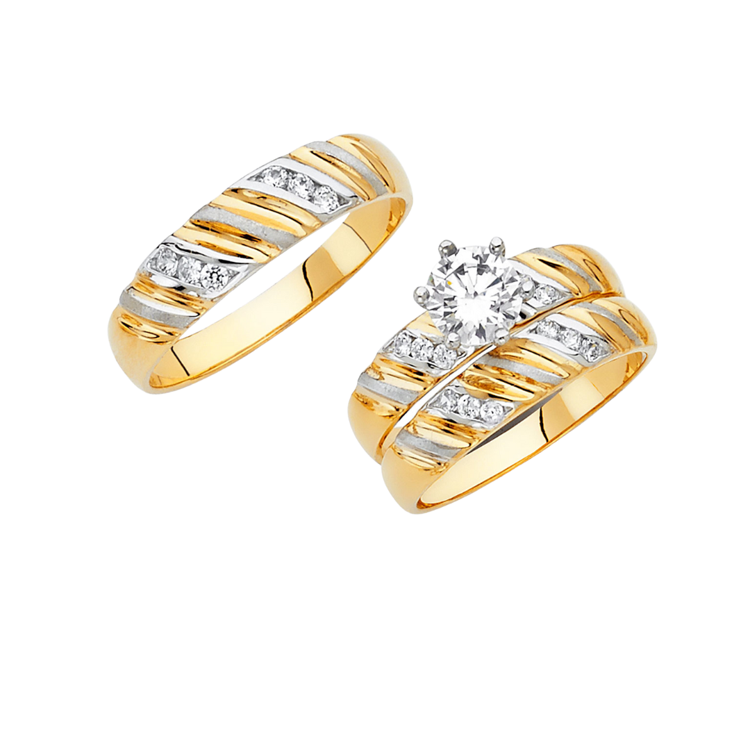 Conjunto de alianza de boda y compromiso en dos tonos de oro macizo de 14 quilates