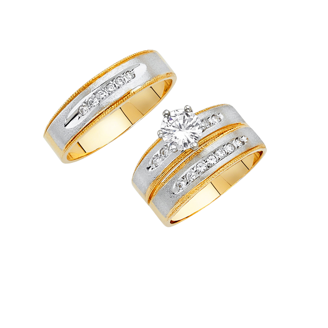 Conjunto de alianza de boda y compromiso en dos tonos de oro macizo de 14 quilates