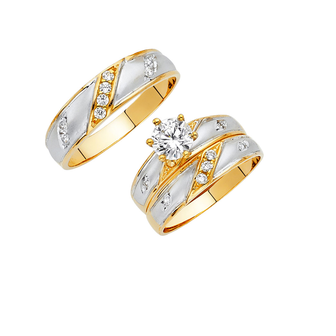 Conjunto de alianza de boda y compromiso en dos tonos de oro macizo de 14 quilates