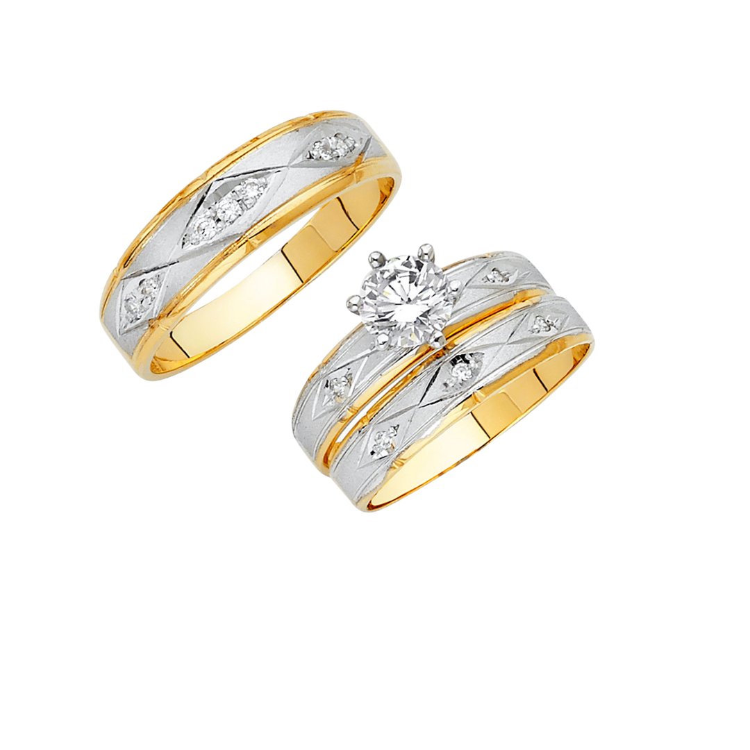 Conjunto de alianza de boda y compromiso en dos tonos de oro macizo de 14 quilates