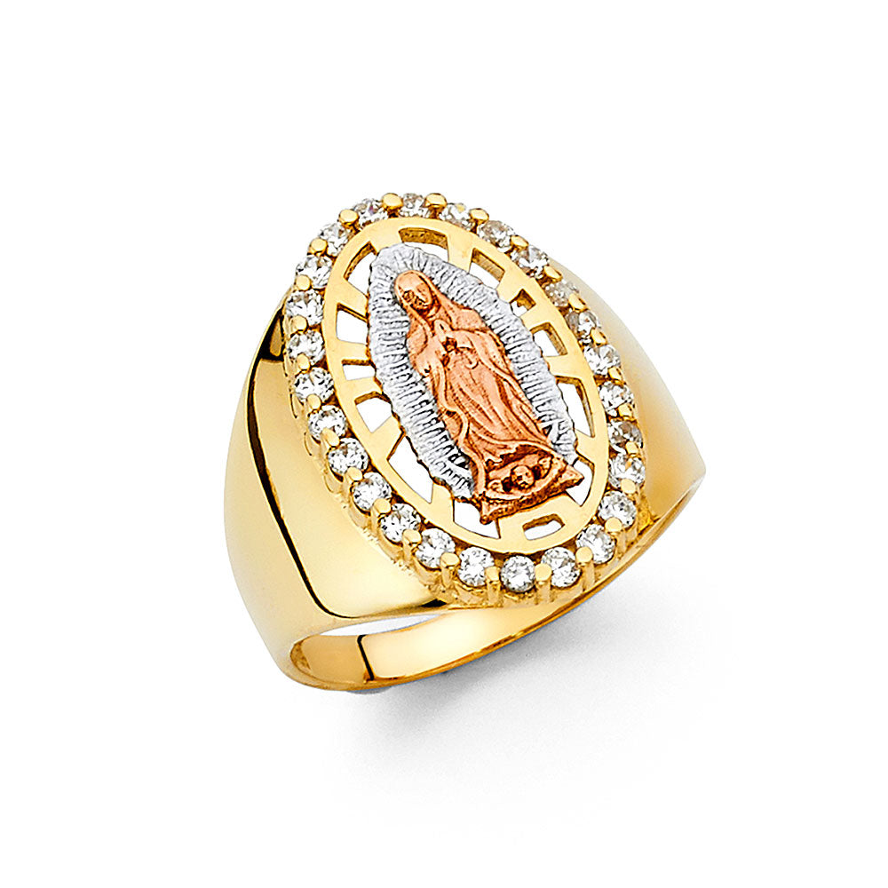 14k solid gold tri color virgencita cz mens ring