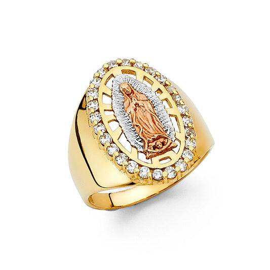 14K Solid Gold Tri Color Guadalupe CZ Mens Ring