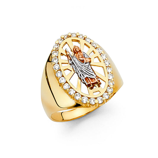 Anillo para hombre San Judas CZ tricolor de oro macizo de 14 quilates