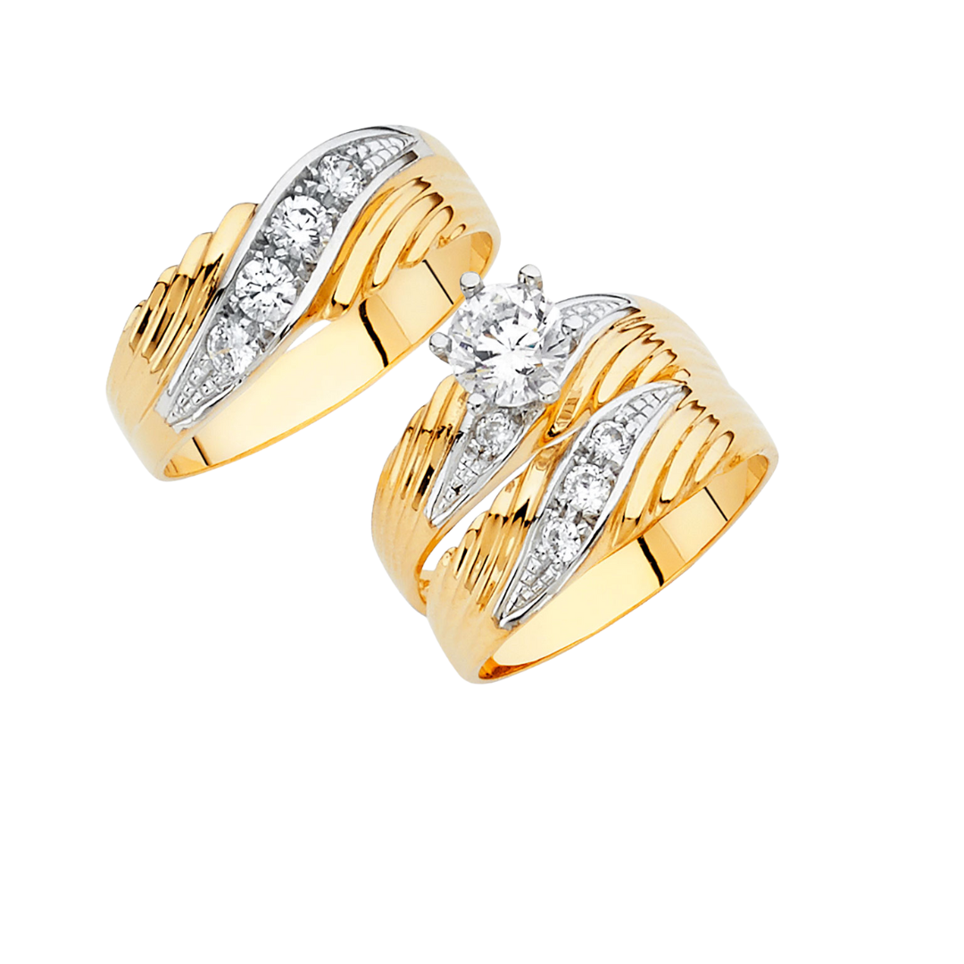 Conjunto de alianza de boda y compromiso en dos tonos de oro macizo de 14 quilates