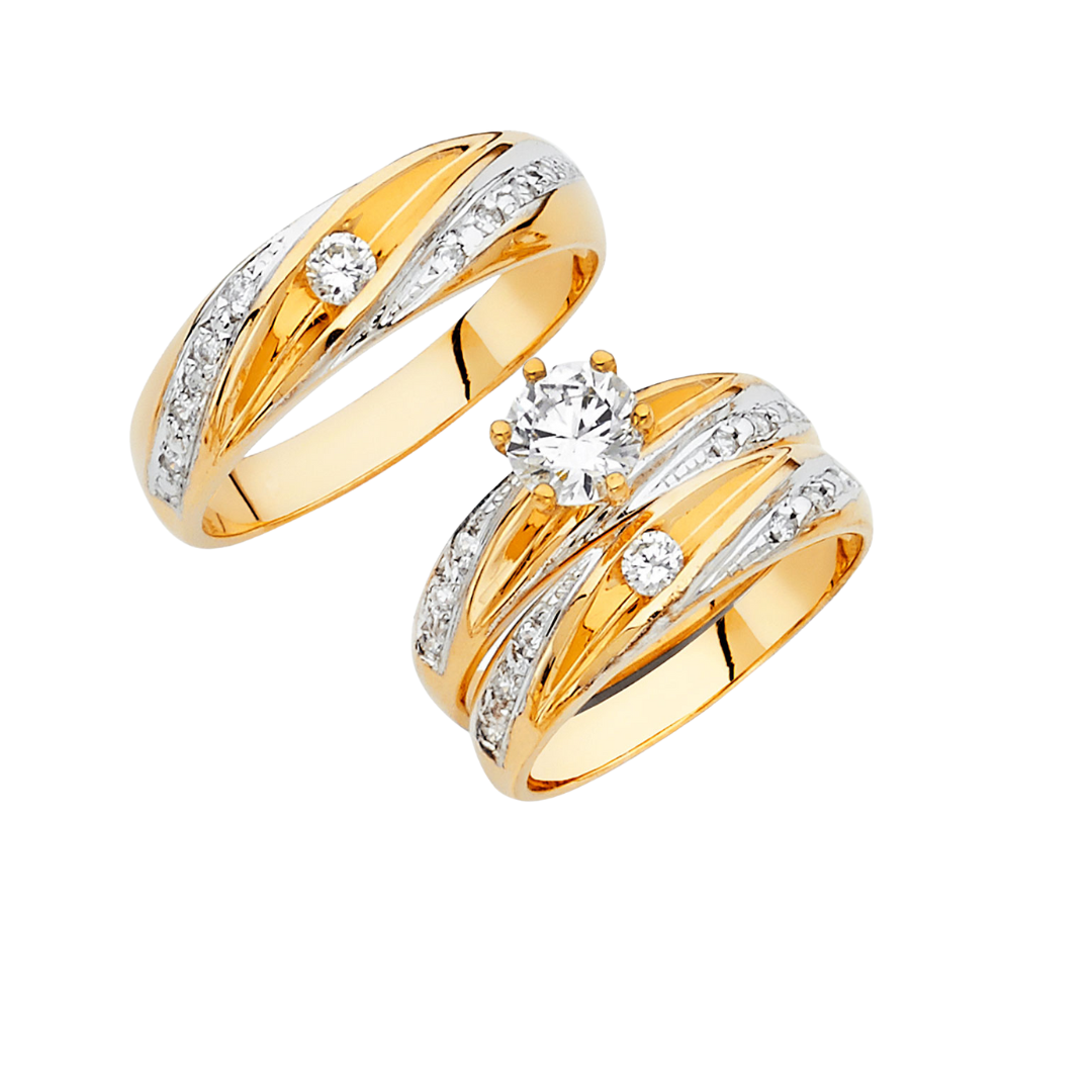 Conjunto de alianza de boda y compromiso en dos tonos de oro macizo de 14 quilates