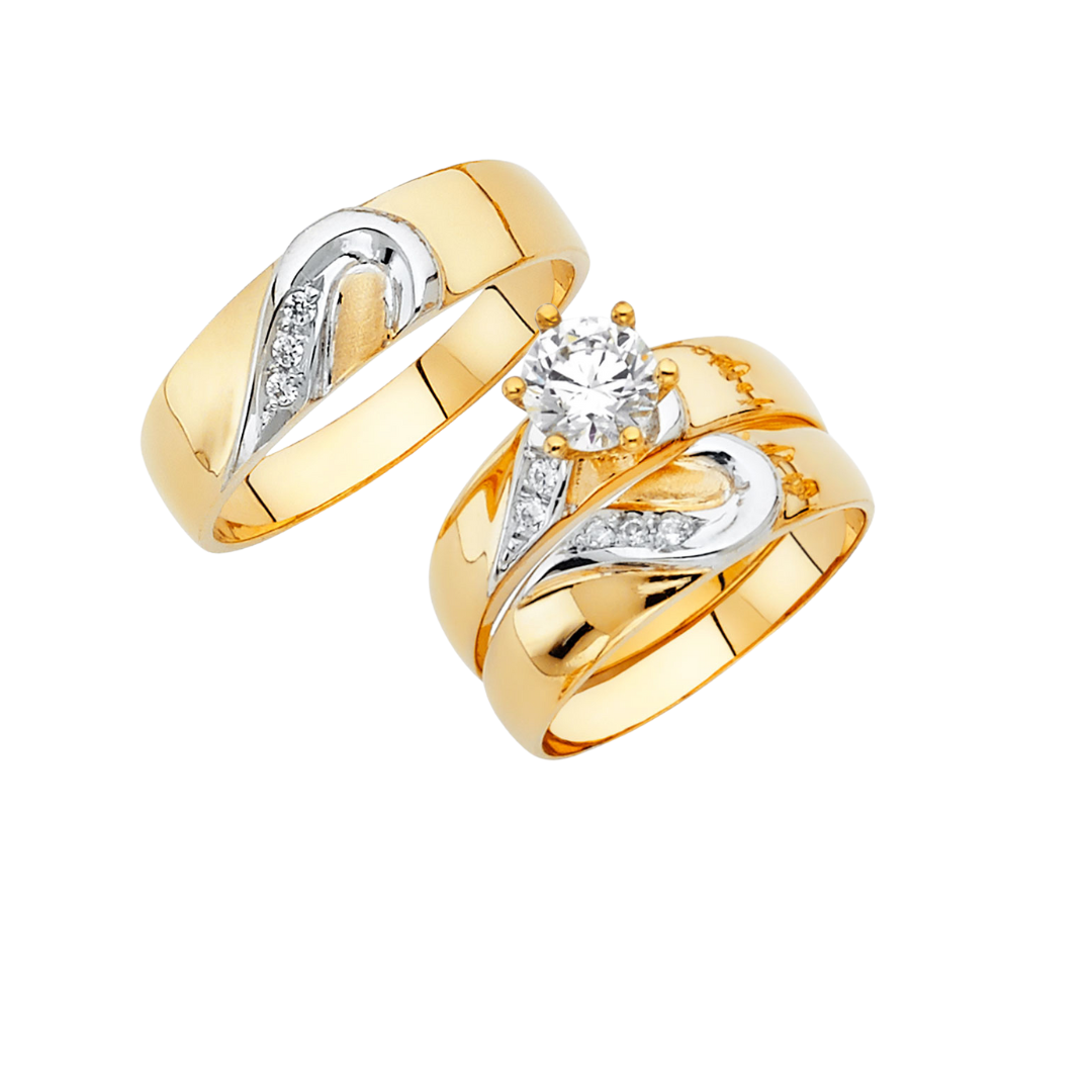 Conjunto de alianza de boda y compromiso con corazón de dos tonos en oro macizo de 14 quilates
